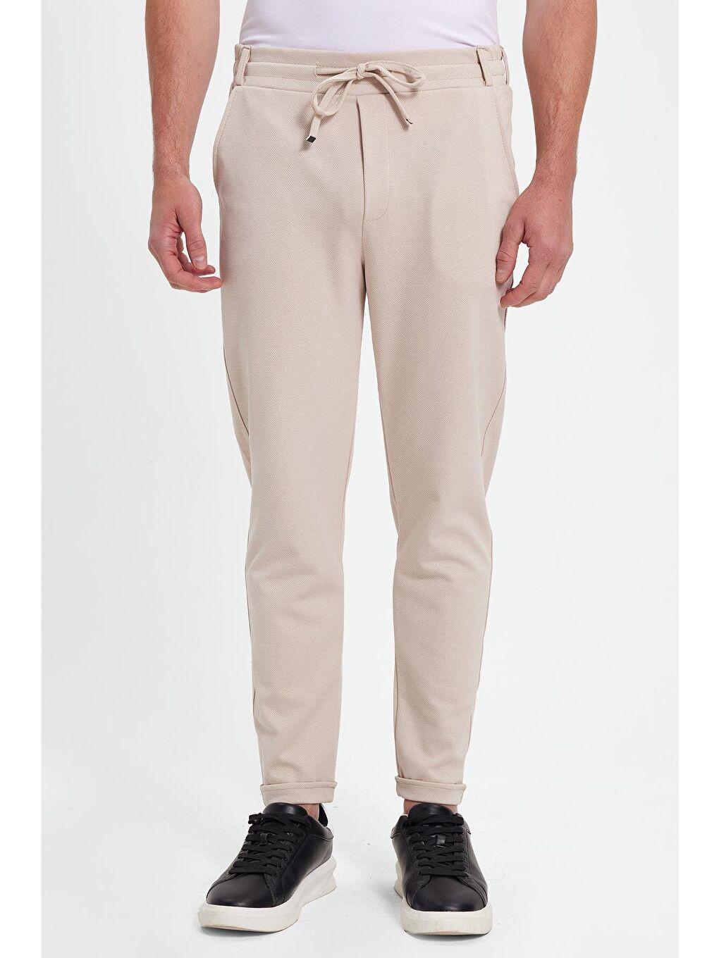 Erkek Slim Fit Pamuklu Beli Bağlamalı Yan Cepli Katlamalı Paça Jogger Bej Pantolon