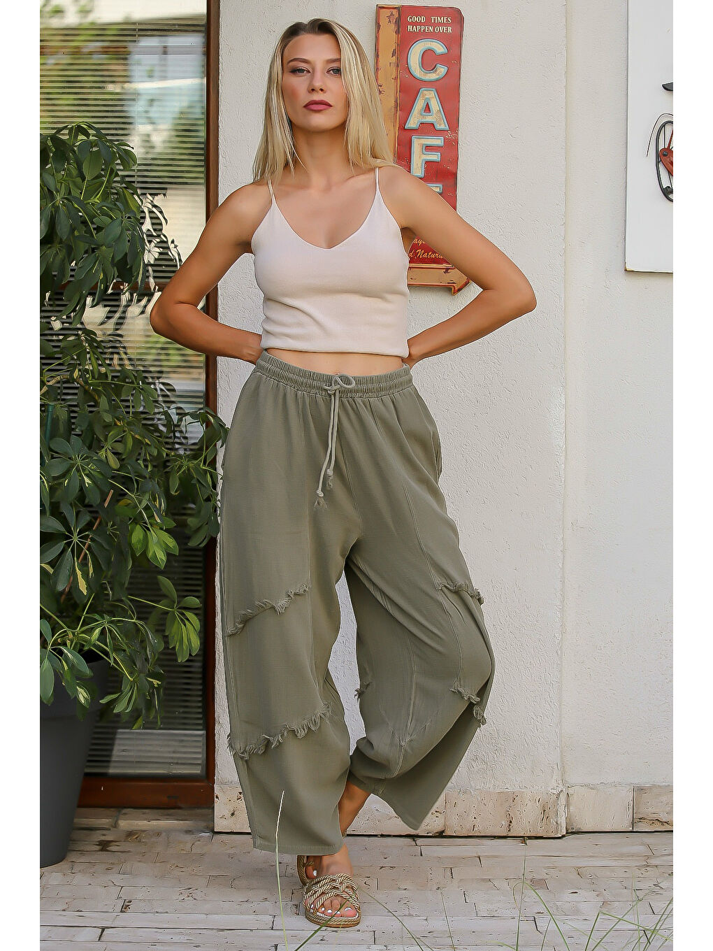 Haki Düz Renk Çift Cepli Yıkamalı Dokuma Şalvar Pantolon-4