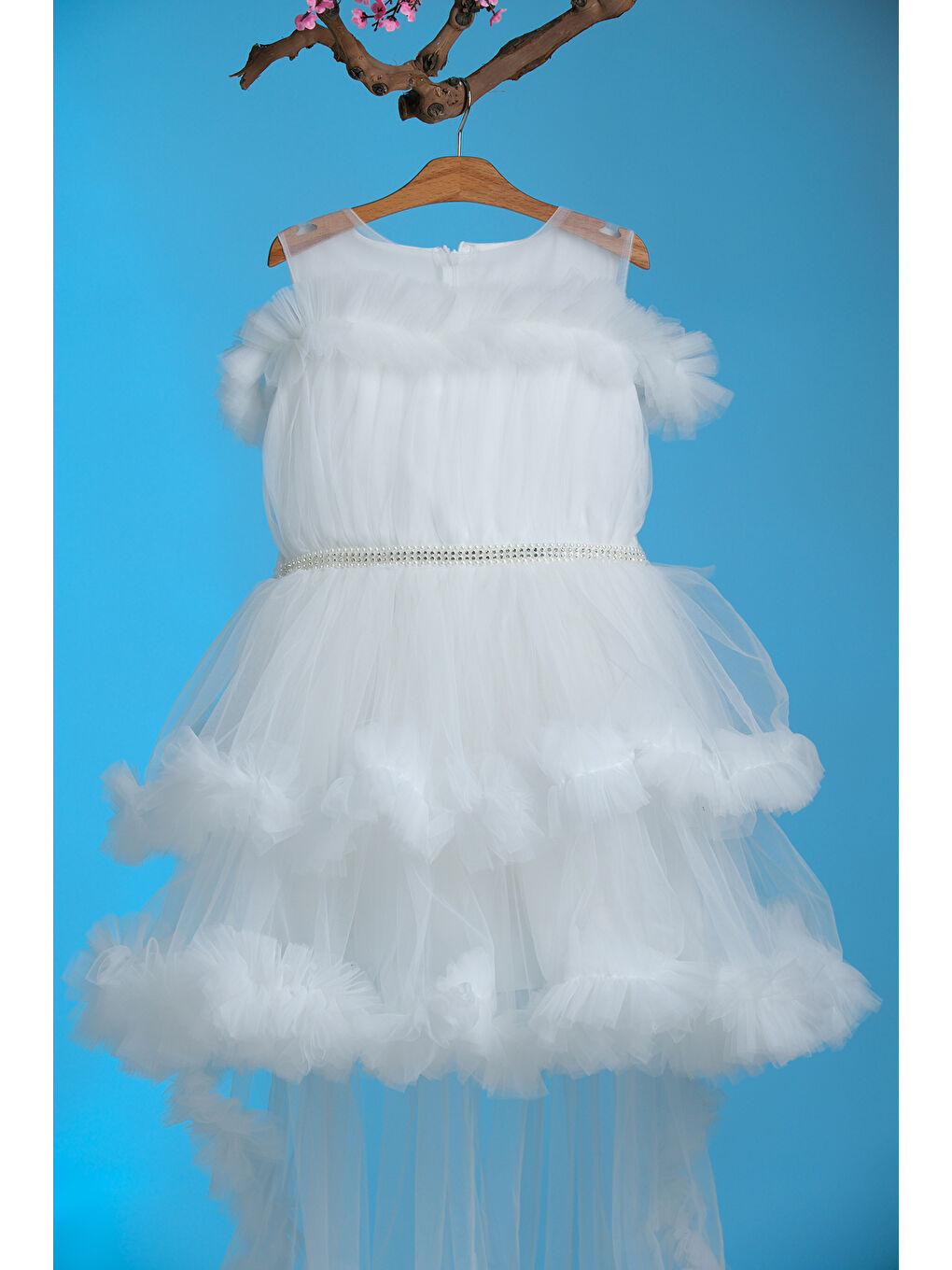 Beyaz Tüllü Fırfırlı Prenses Kız Çocuk Abiye ABY.2328-1