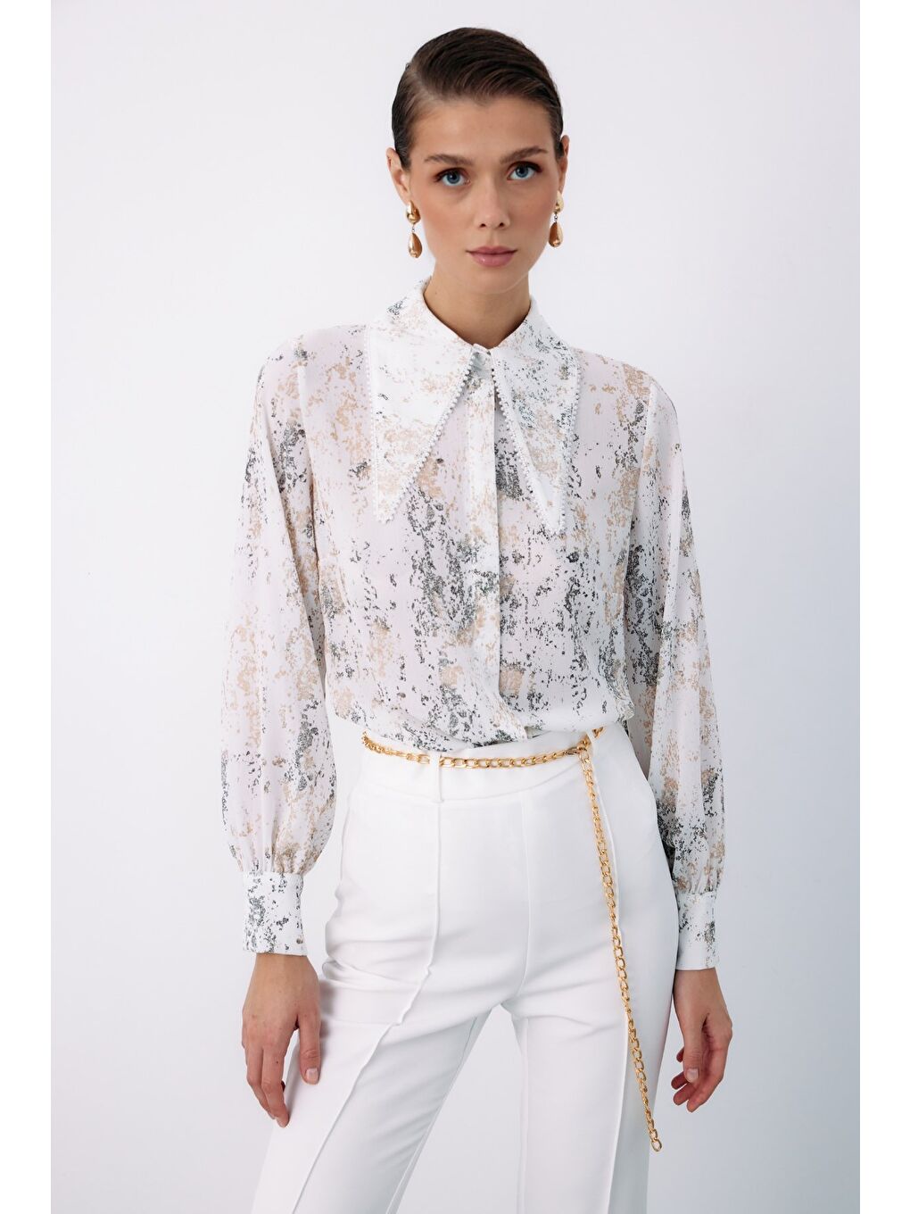 Lila Geniş İnci Yakalı Gömlek - Ekru-Gold-4