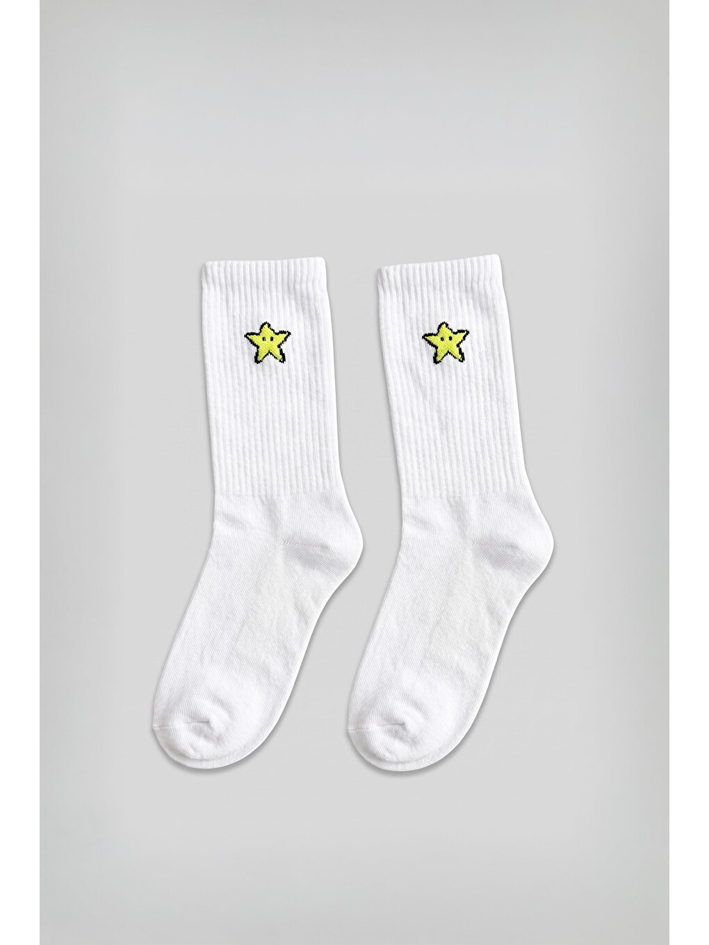 Unisex Emoji Yıldız Desenli Kolej Tenis Çorabı Beyaz