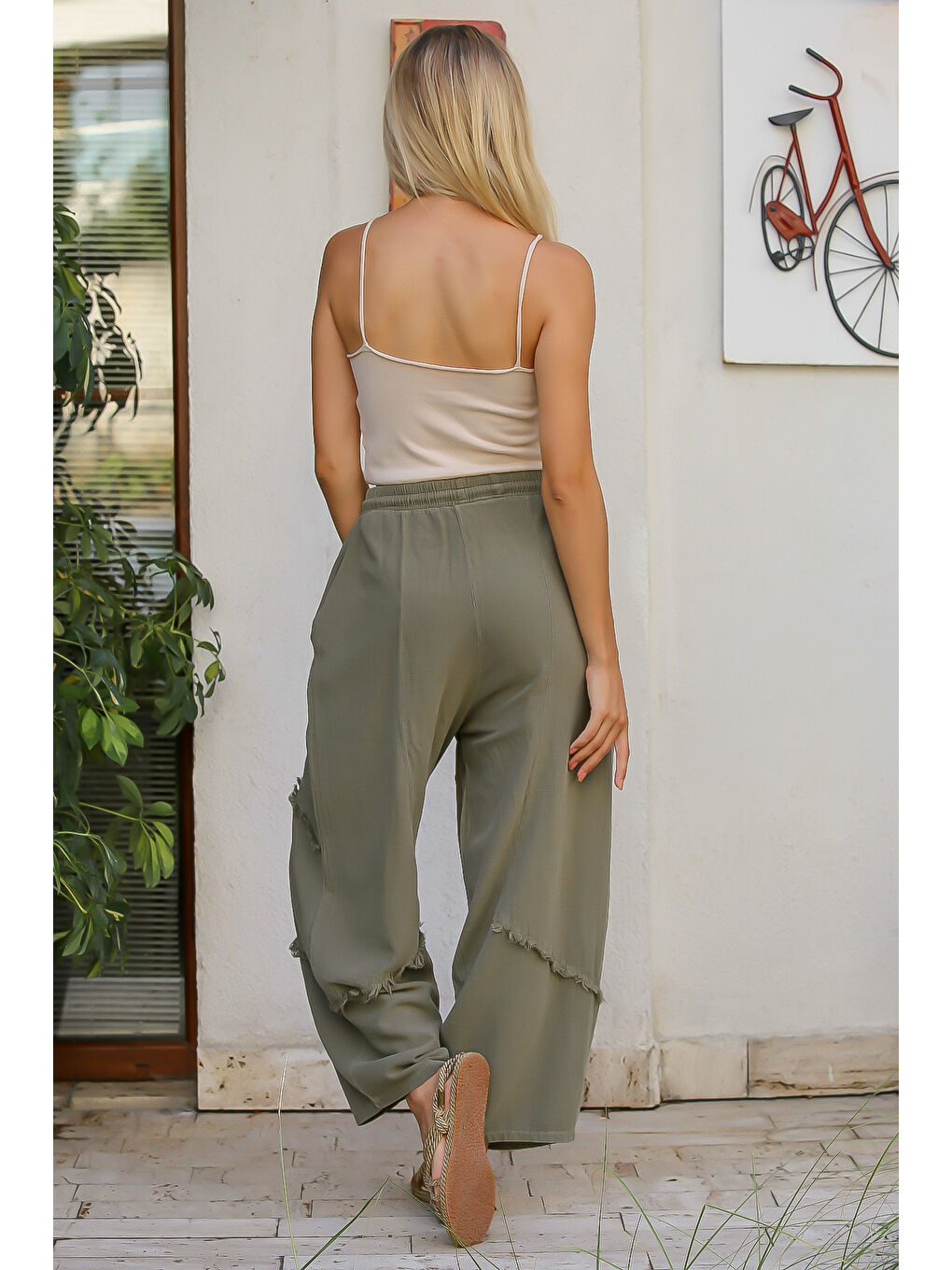 Haki Düz Renk Çift Cepli Yıkamalı Dokuma Şalvar Pantolon-5