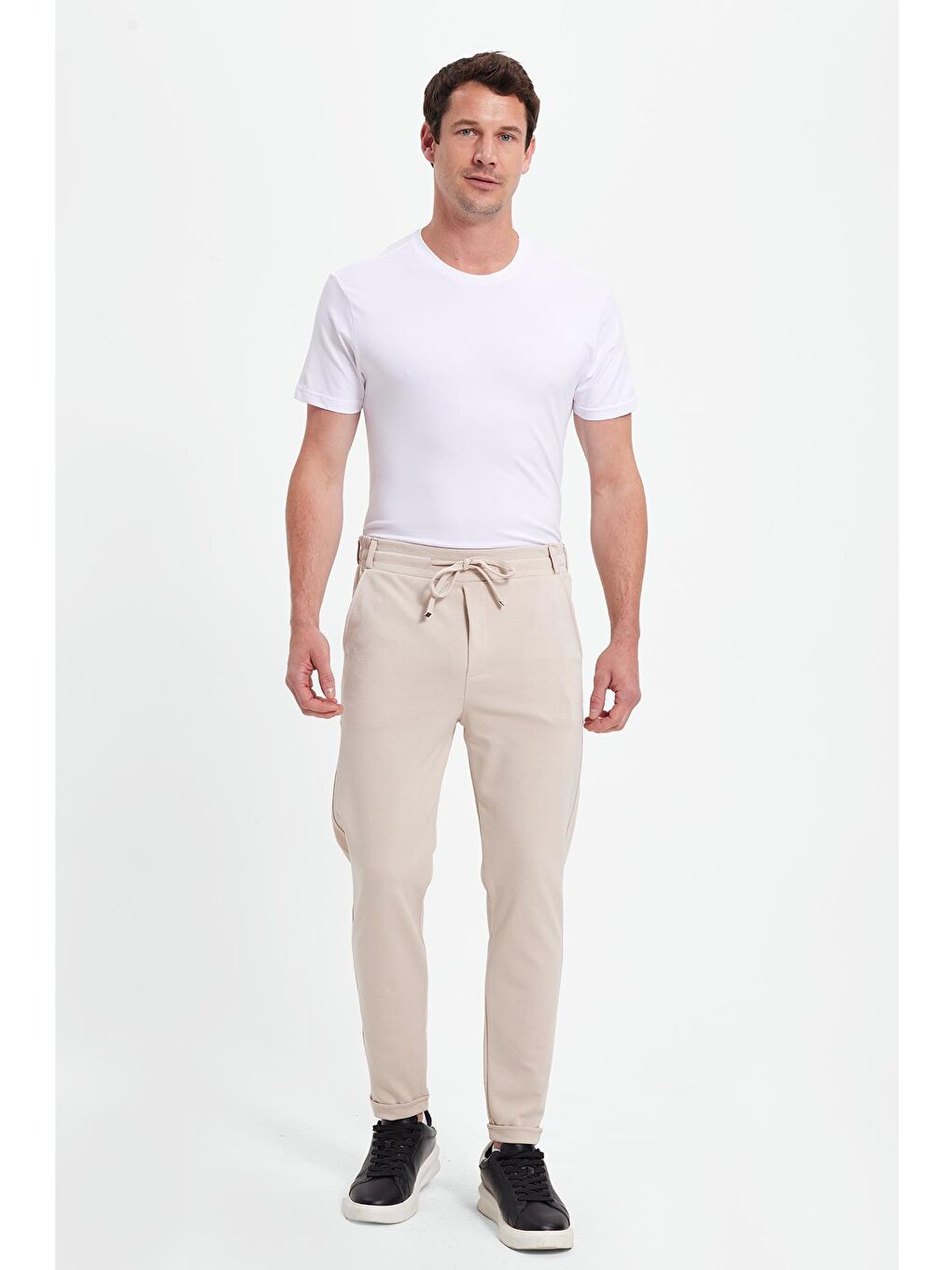Erkek Slim Fit Pamuklu Beli Bağlamalı Yan Cepli Katlamalı Paça Jogger Bej Pantolon-1