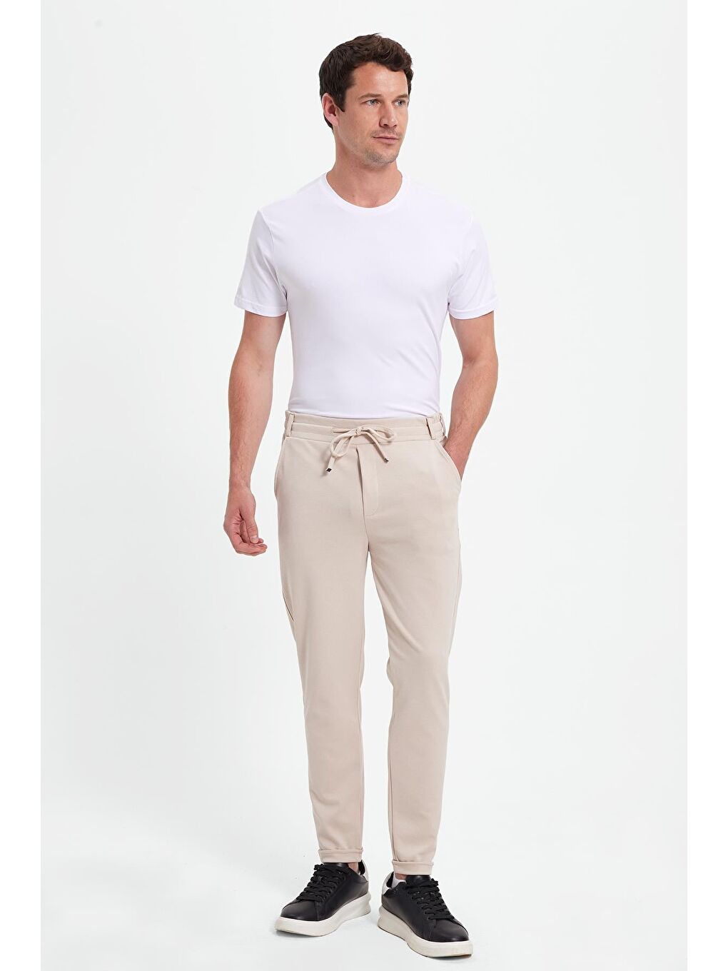 Erkek Slim Fit Pamuklu Beli Bağlamalı Yan Cepli Katlamalı Paça Jogger Bej Pantolon-2