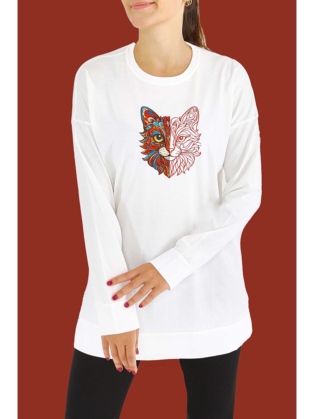 Uzun Kollu Baskılı Süprem Tunik Beyaz - 27586