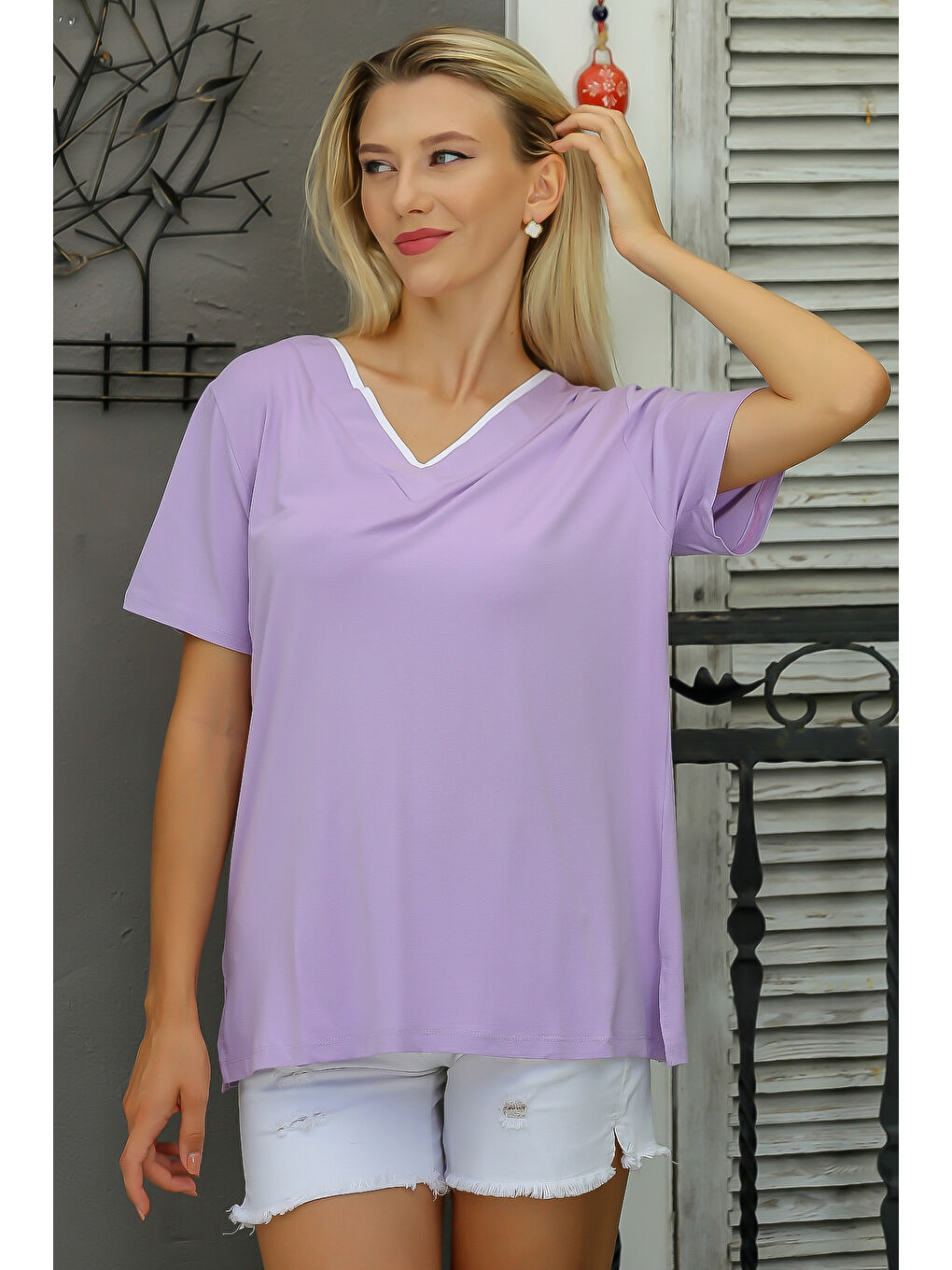 Lila V Yaka Kısa Kol Düz Renk Örme Bluz-4