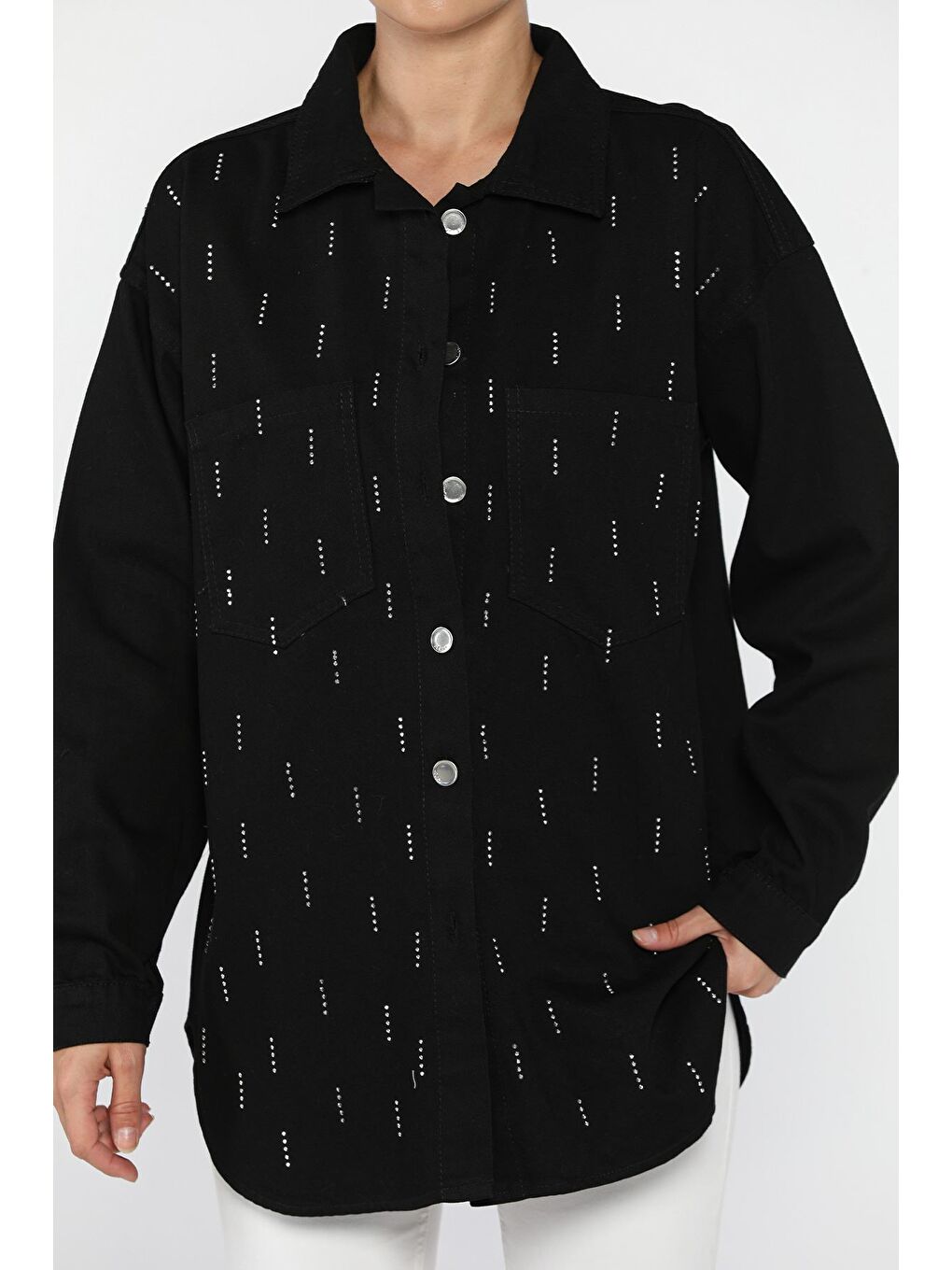 Siyah Kadın Çift Cepli Taş İşlemeli Jean Ceket-1