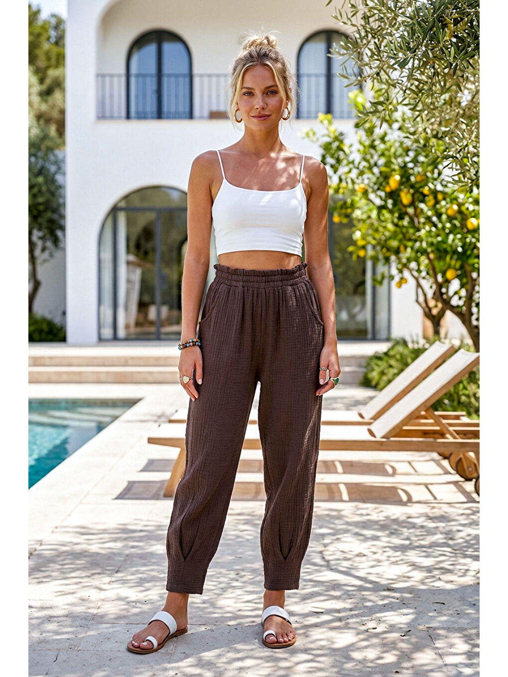 Kahverengi Cepli Paçası Dikişli Lastikli Bel Şalvar Paça Casual Müslin Dokuma Pantolon 94 63-1