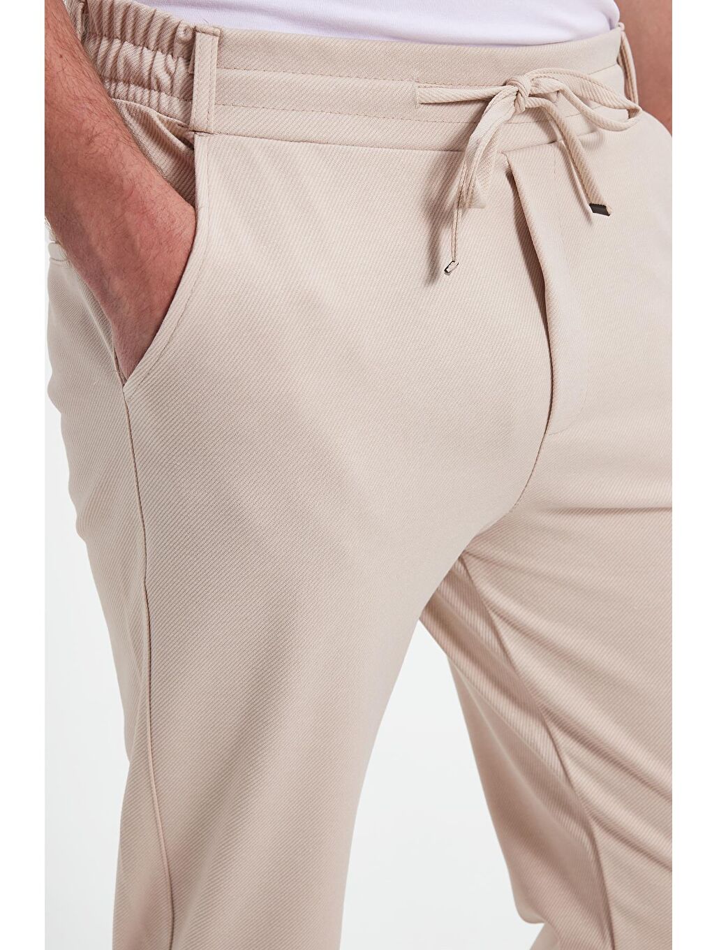 Erkek Slim Fit Pamuklu Beli Bağlamalı Yan Cepli Katlamalı Paça Jogger Bej Pantolon-3