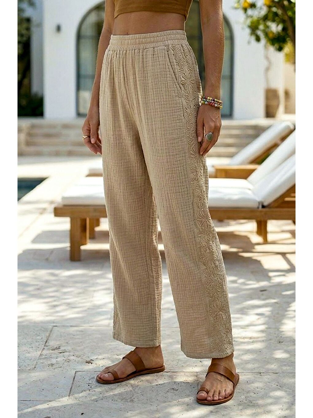 Bej Cepli Yanları Dantelli Lastikli Bel Casual Müslin Dokuma Pantolon 92 60