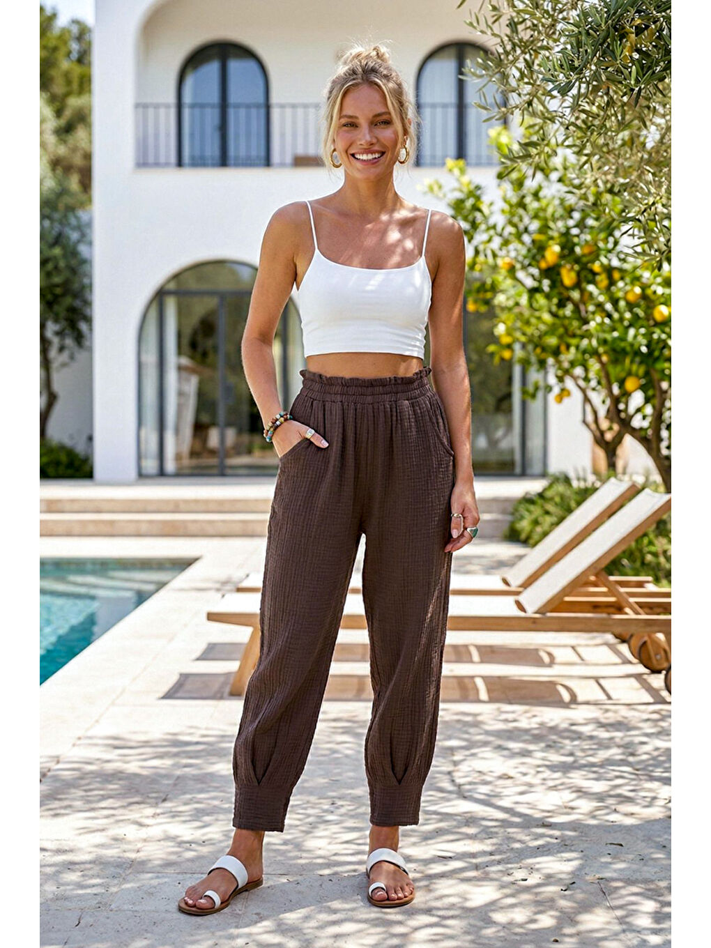 Kahverengi Cepli Paçası Dikişli Lastikli Bel Şalvar Paça Casual Müslin Dokuma Pantolon 94 63-2