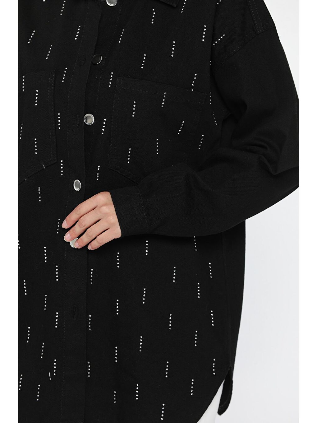 Siyah Kadın Çift Cepli Taş İşlemeli Jean Ceket-3