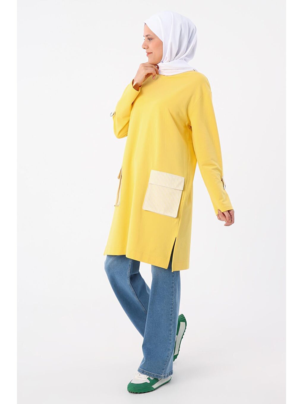 Sarı Kolları Apoletli Çizgili Cepli Tunik-2