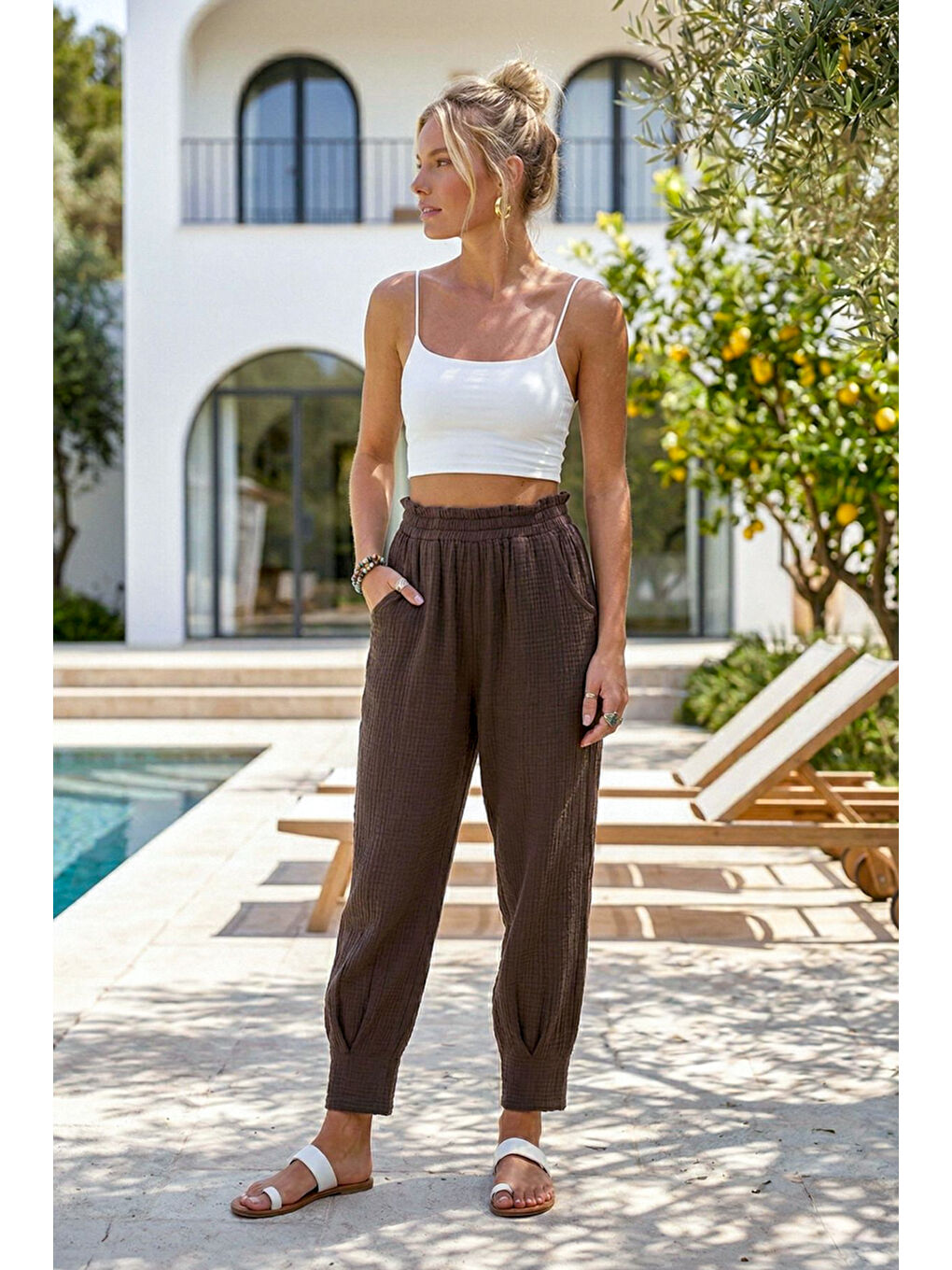 Kahverengi Cepli Paçası Dikişli Lastikli Bel Şalvar Paça Casual Müslin Dokuma Pantolon 94 63-3