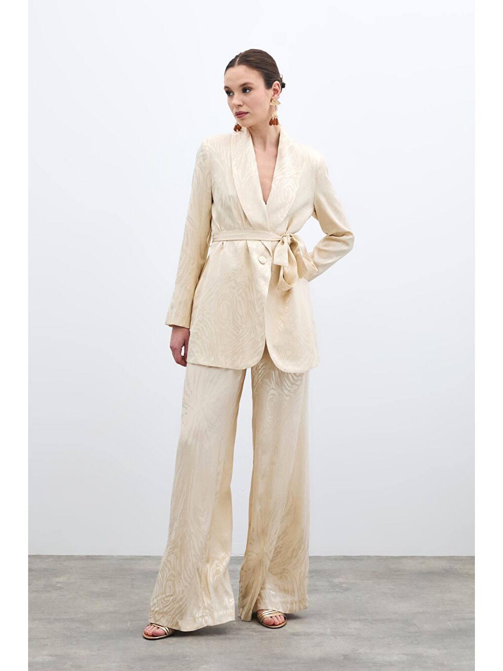 Bej Yüksek Bel Desenli Pantolon - Taş-1