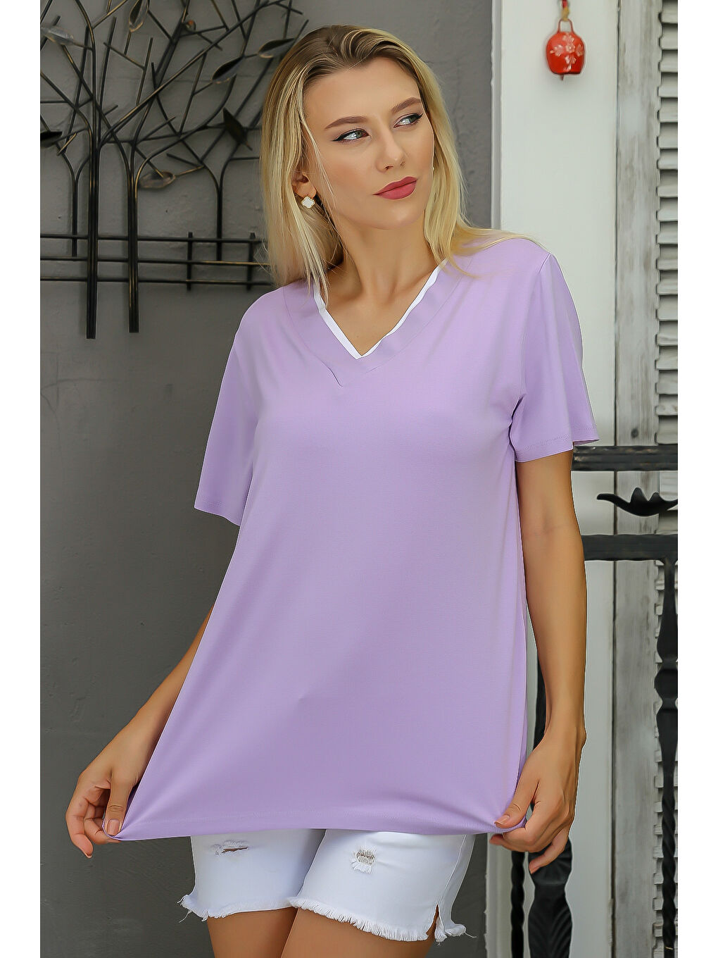 Lila V Yaka Kısa Kol Düz Renk Örme Bluz-5