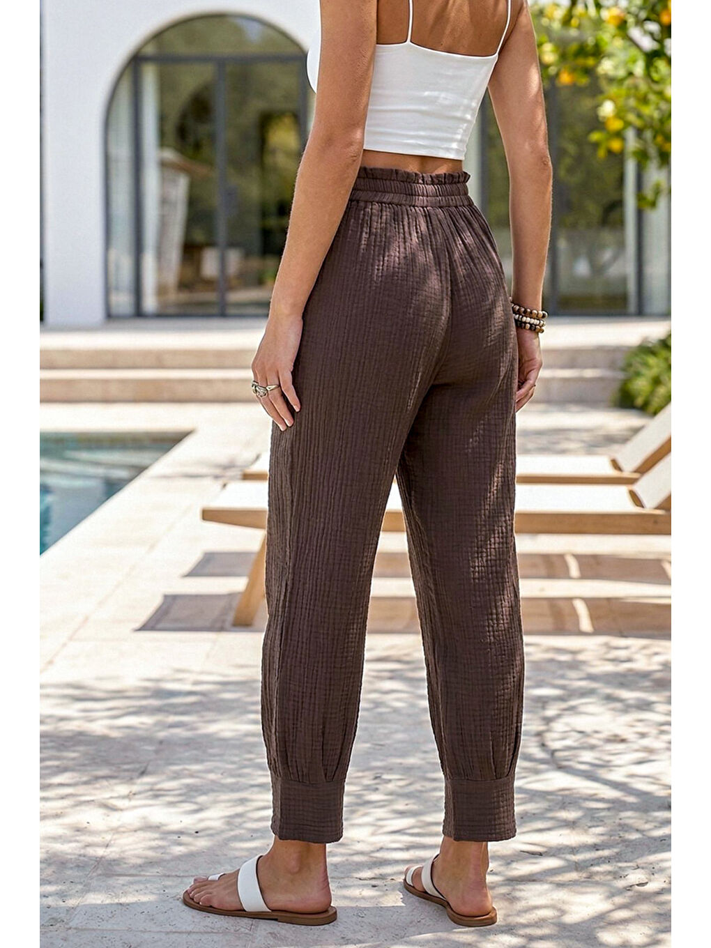 Kahverengi Cepli Paçası Dikişli Lastikli Bel Şalvar Paça Casual Müslin Dokuma Pantolon 94 63-4