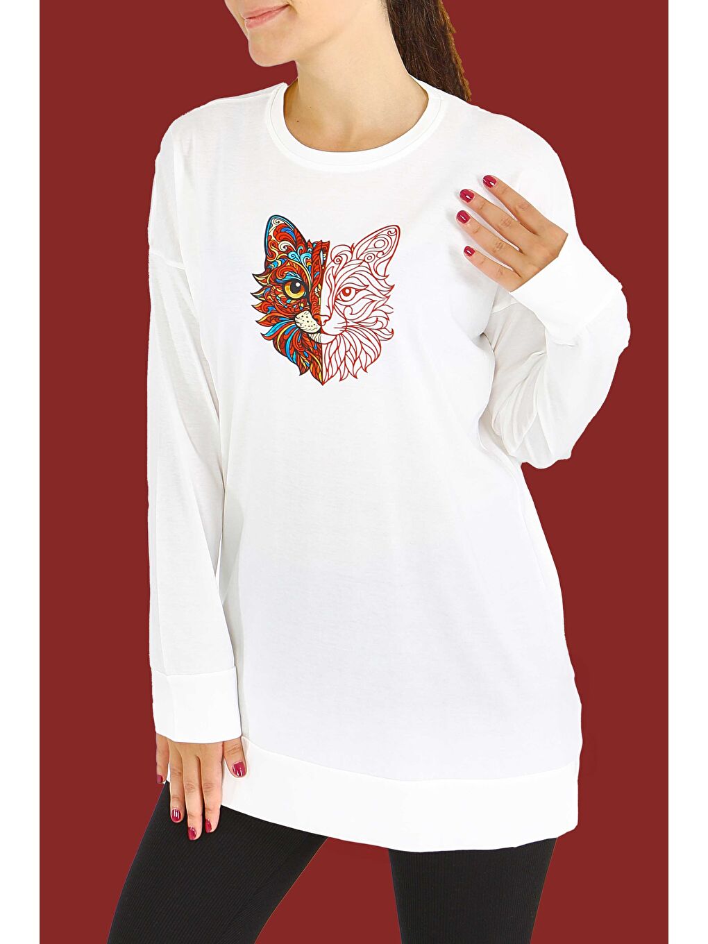 Uzun Kollu Baskılı Süprem Tunik Beyaz - 27586-1