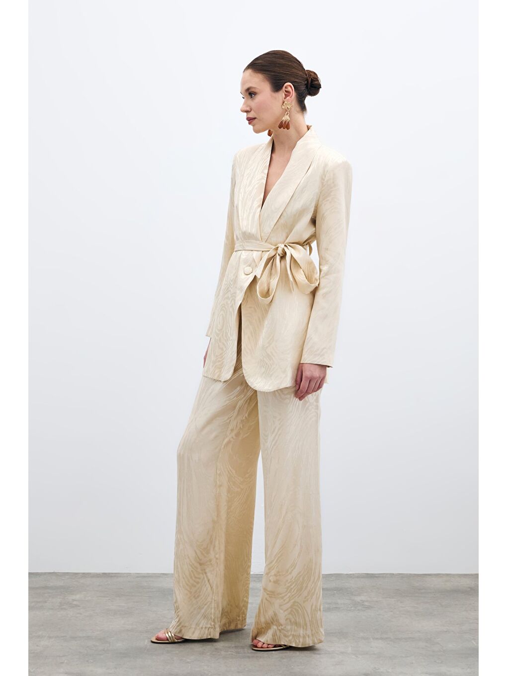 Bej Yüksek Bel Desenli Pantolon - Taş-2