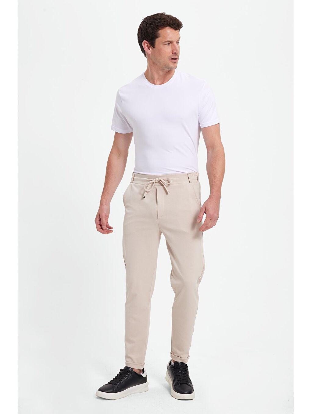 Erkek Slim Fit Pamuklu Beli Bağlamalı Yan Cepli Katlamalı Paça Jogger Bej Pantolon-6