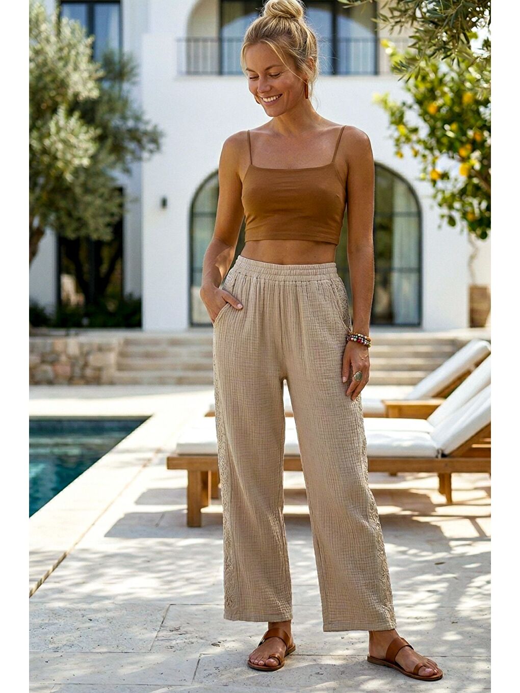 Bej Cepli Yanları Dantelli Lastikli Bel Casual Müslin Dokuma Pantolon 92 60-3