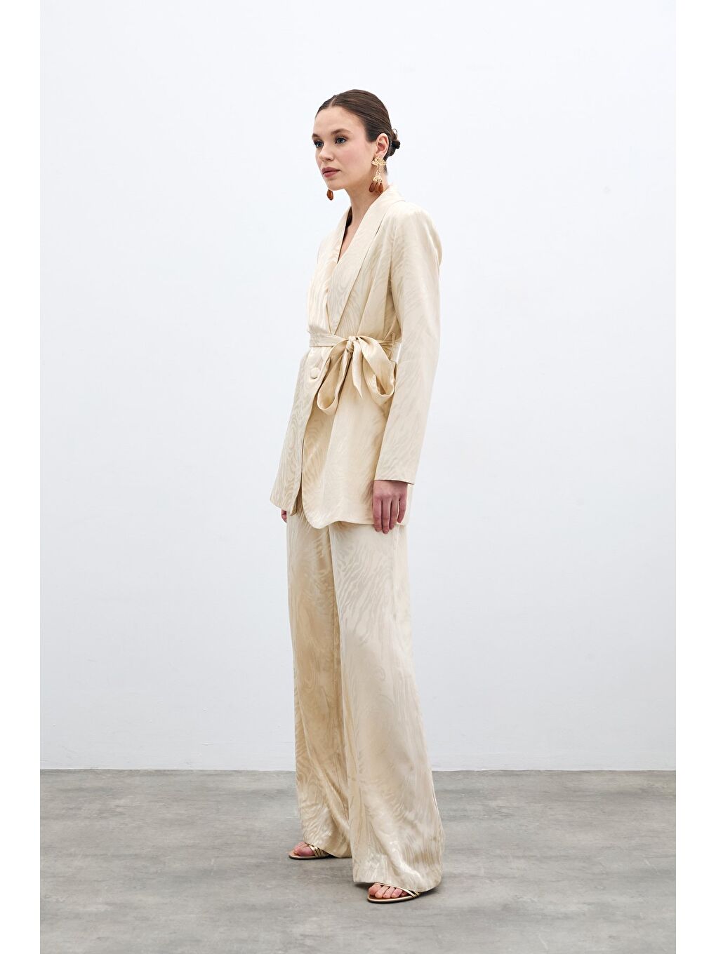 Bej Yüksek Bel Desenli Pantolon - Taş-3