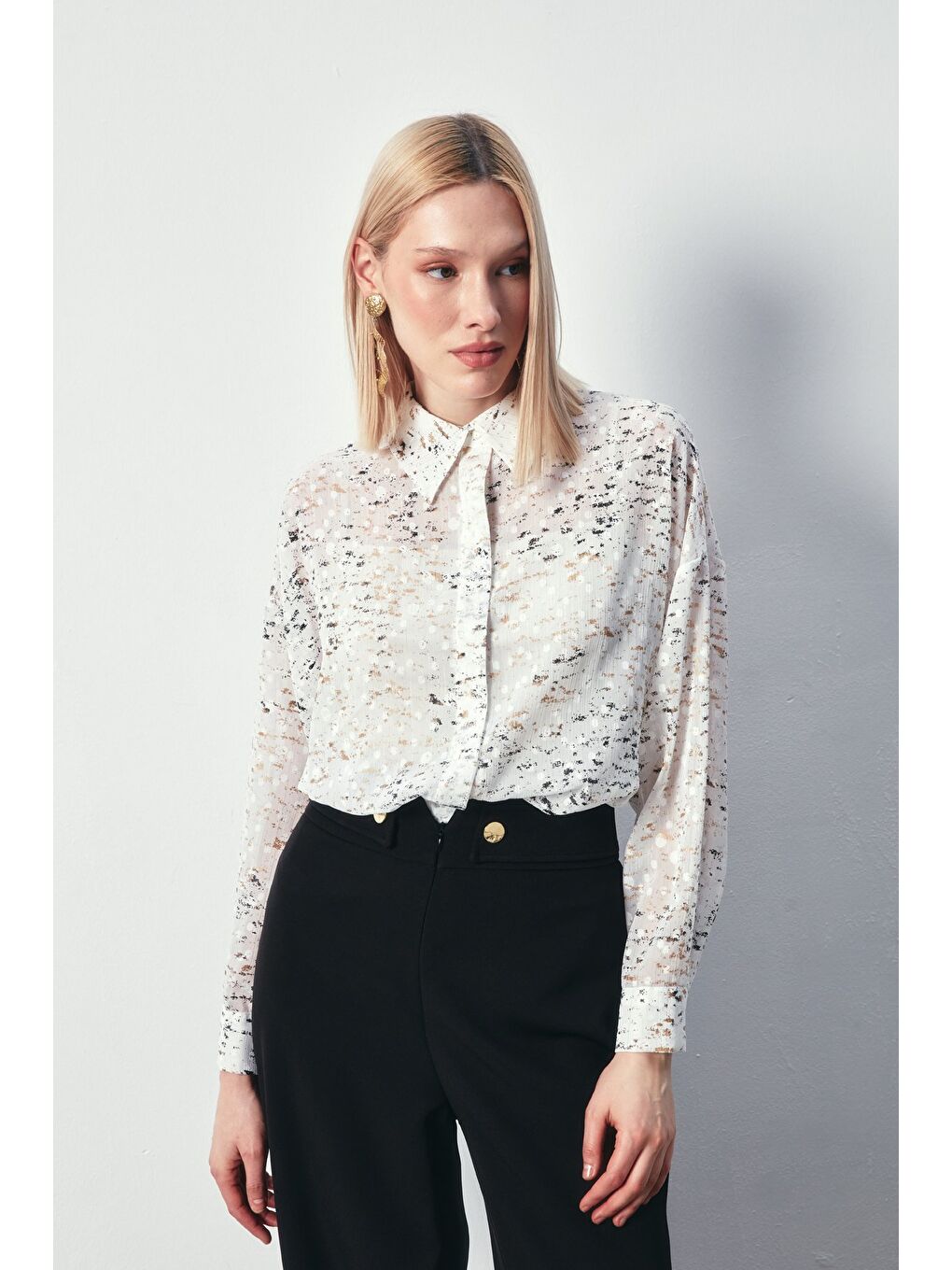 Lila Varaklı Geniş Gömlek - Ekru-Gold