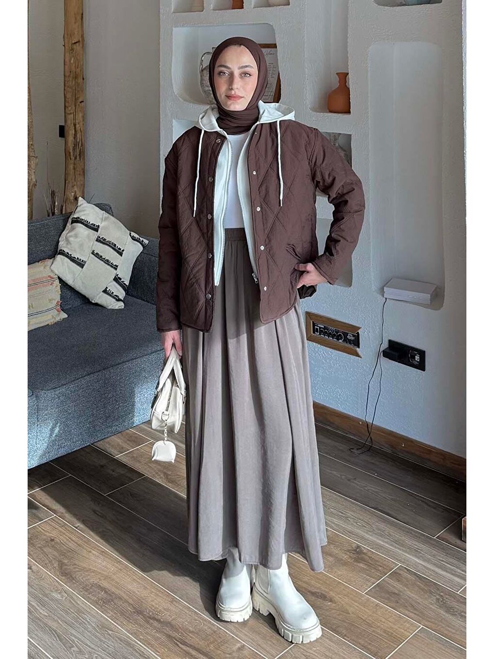 Kapüşonlu Kapitone Mont Kahverengi-1