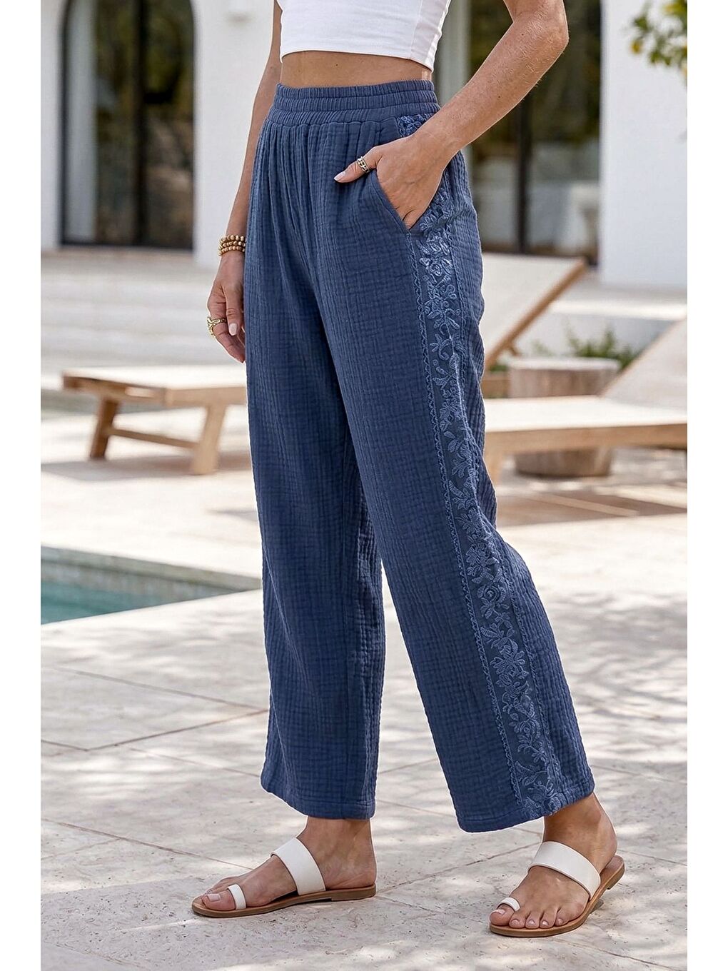 Mavi Cepli Yanları Dantelli Lastikli Bel Casual Müslin Dokuma Pantolon 92 60