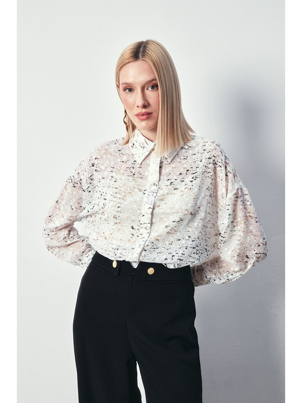 Lila Varaklı Geniş Gömlek - Ekru-Gold-1