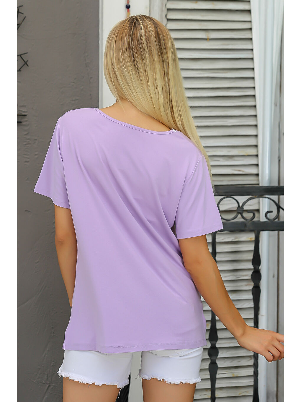 Lila V Yaka Kısa Kol Düz Renk Örme Bluz-6