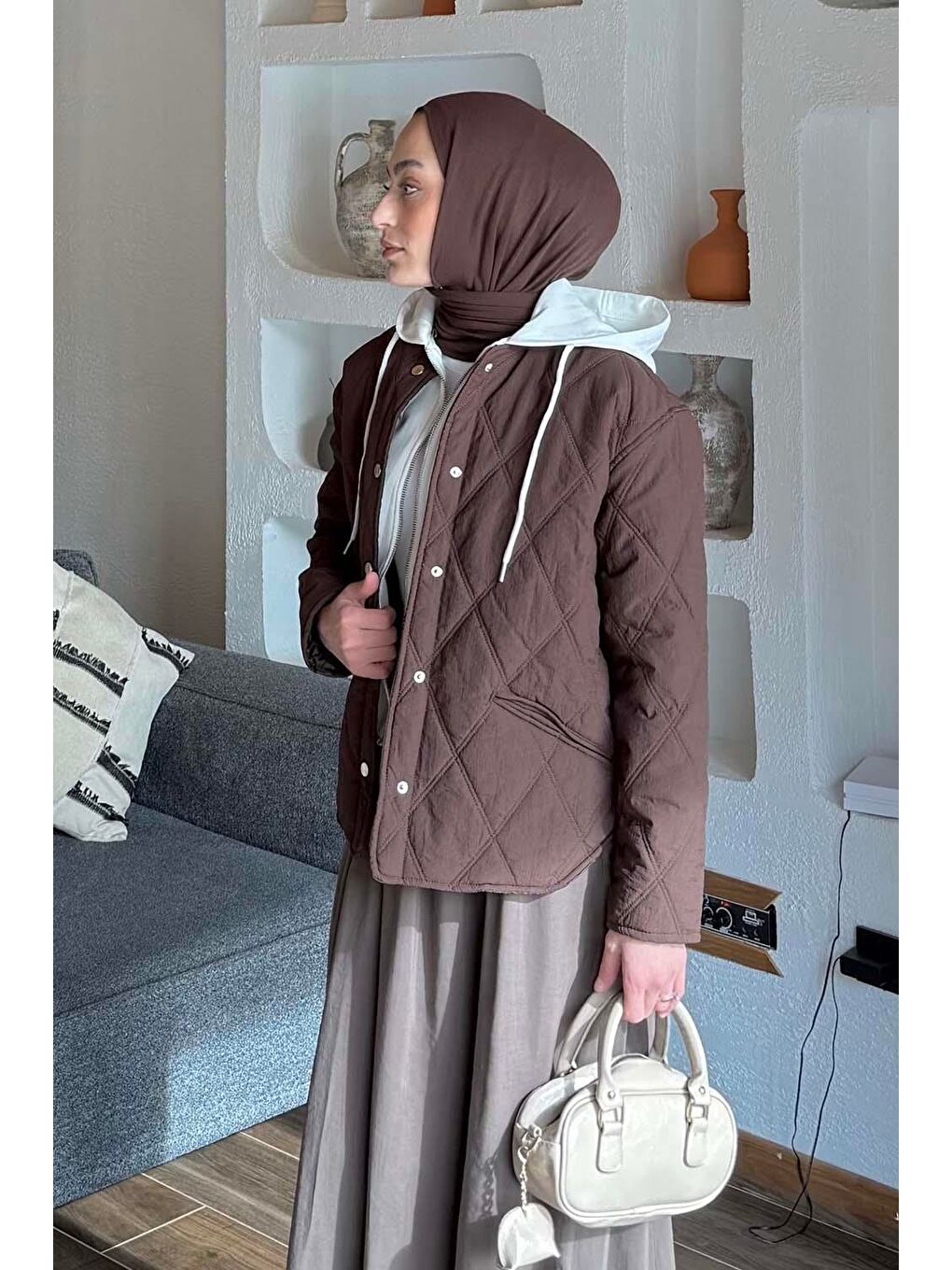 Kapüşonlu Kapitone Mont Kahverengi-2