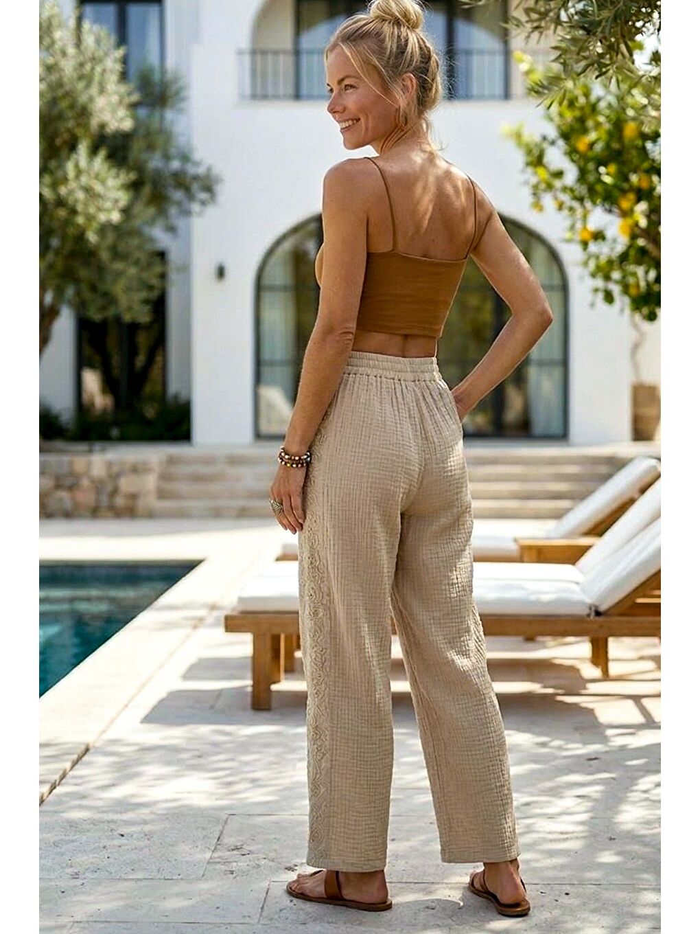 Bej Cepli Yanları Dantelli Lastikli Bel Casual Müslin Dokuma Pantolon 92 60-5