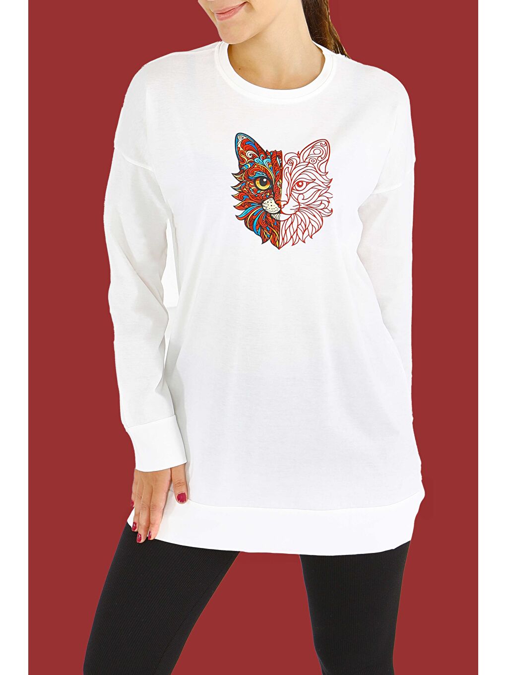 Uzun Kollu Baskılı Süprem Tunik Beyaz - 27586-2