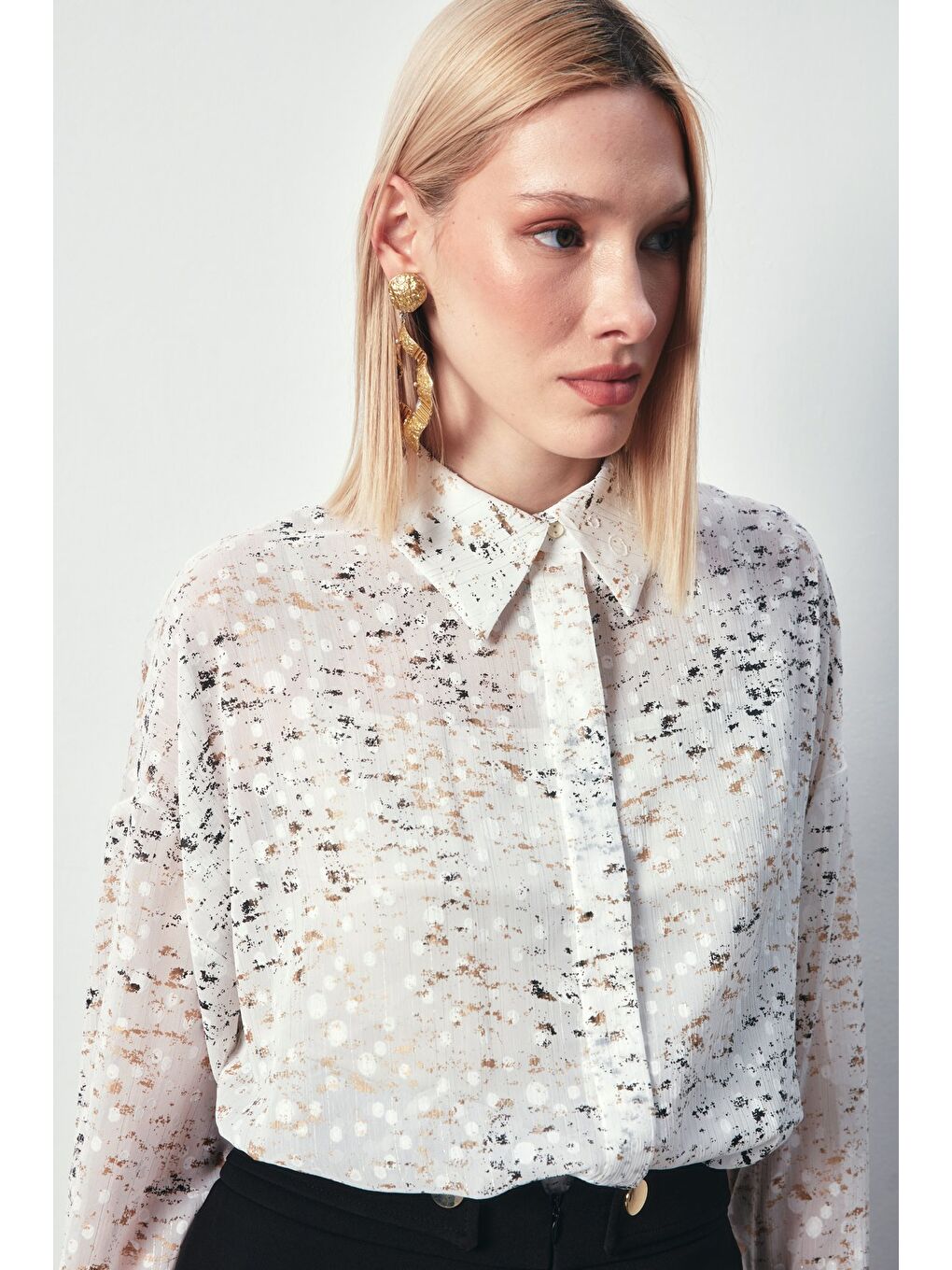 Lila Varaklı Geniş Gömlek - Ekru-Gold-2