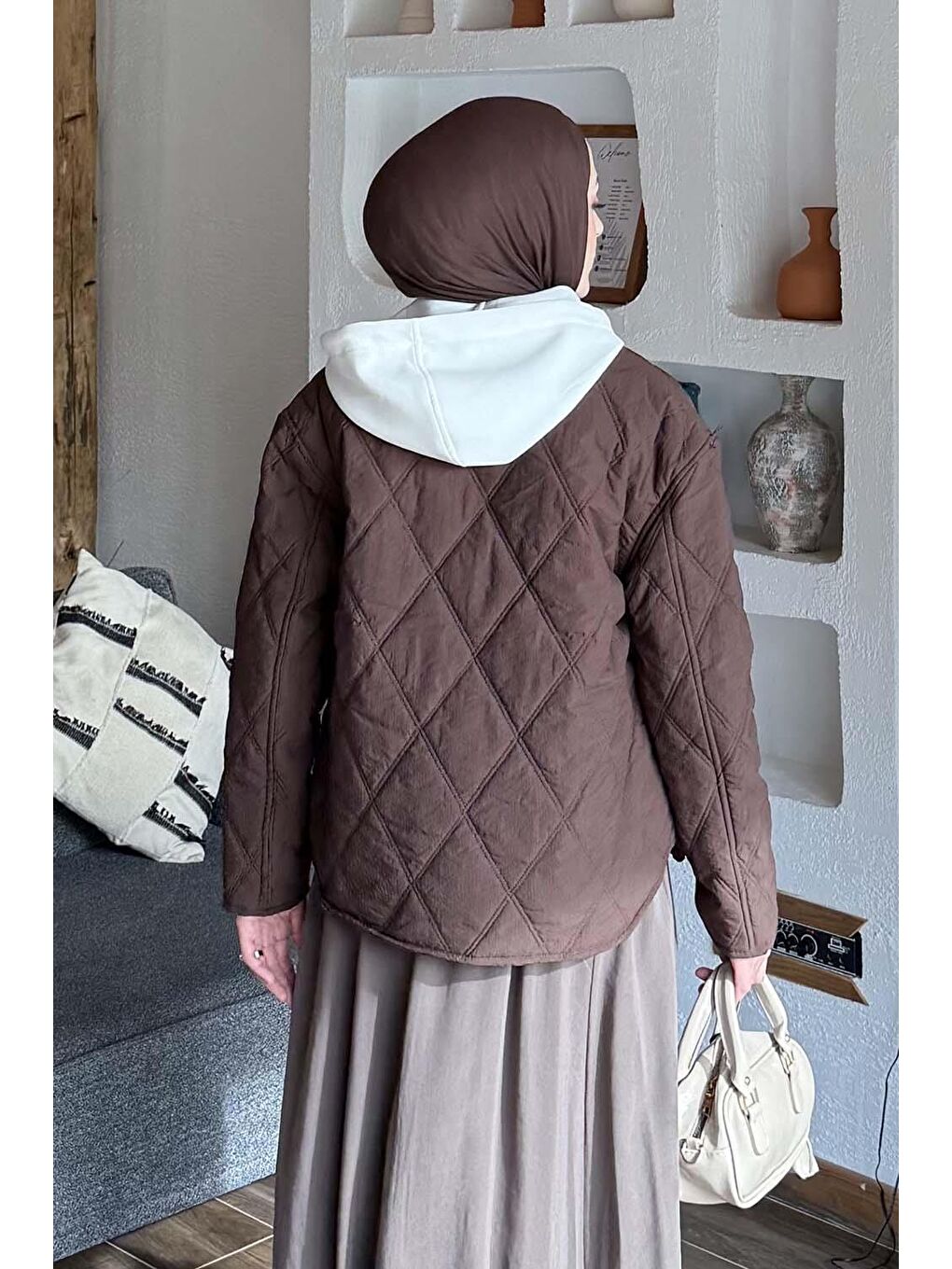 Kapüşonlu Kapitone Mont Kahverengi-3