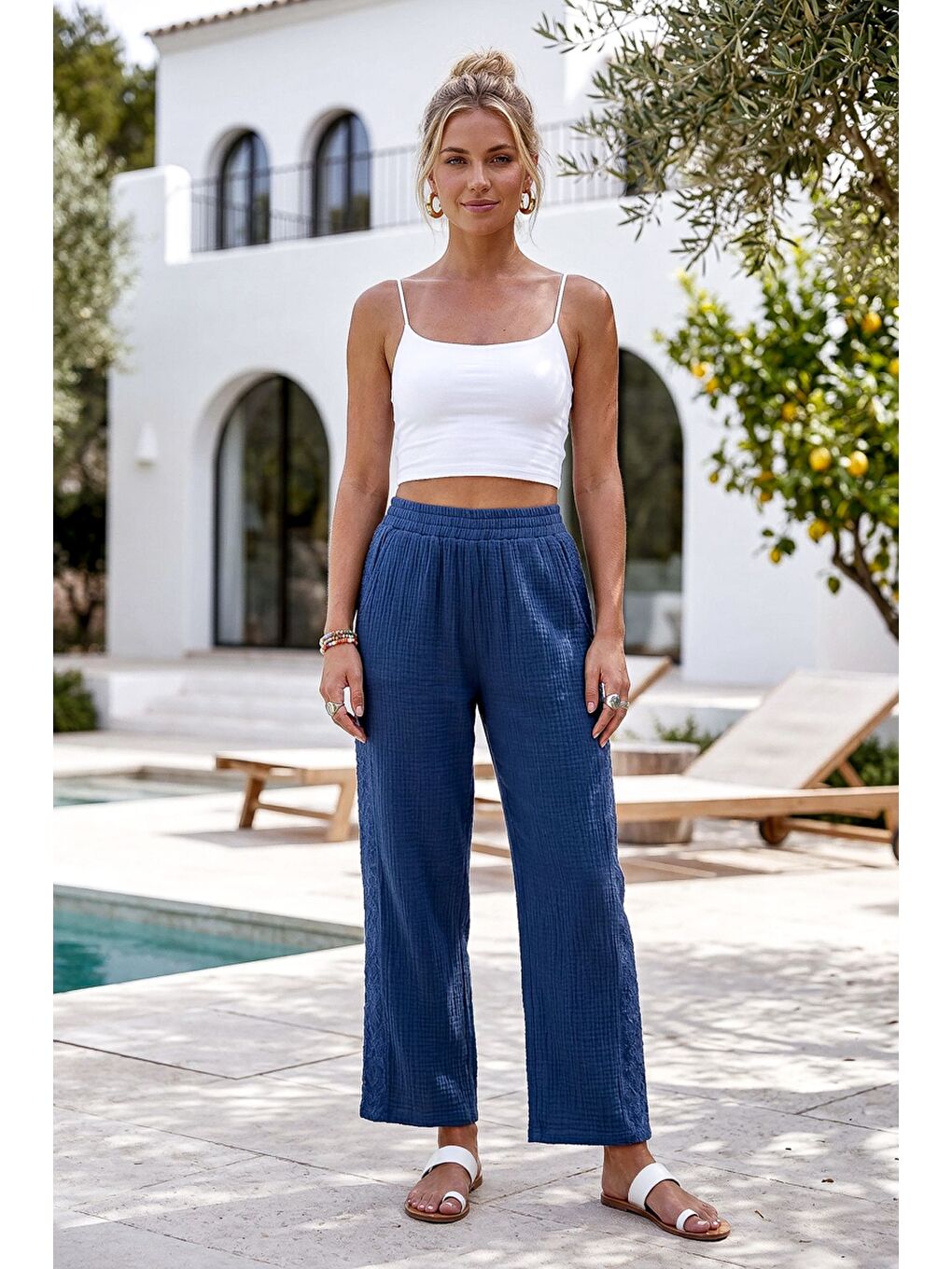 Mavi Cepli Yanları Dantelli Lastikli Bel Casual Müslin Dokuma Pantolon 92 60-1