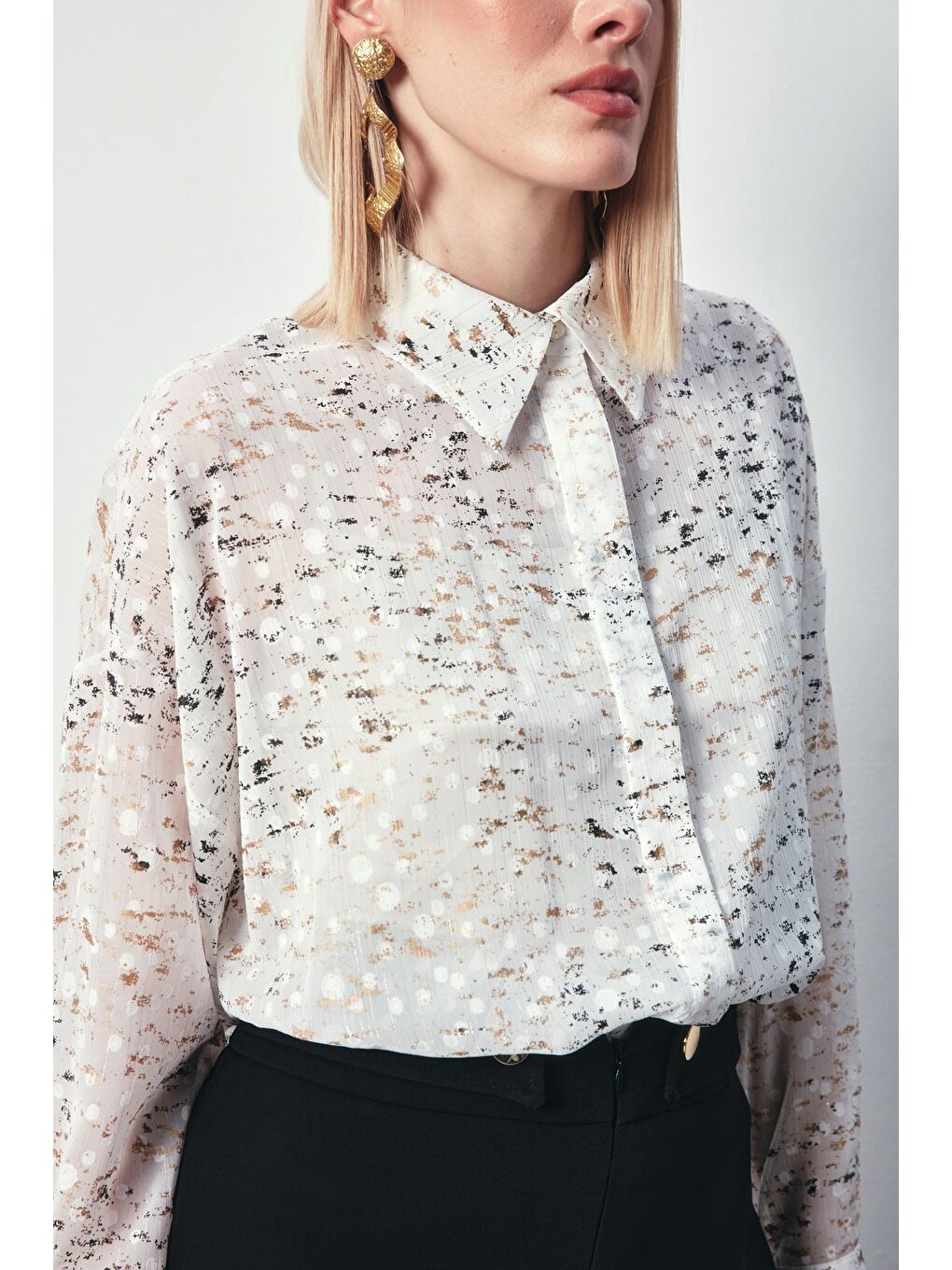 Lila Varaklı Geniş Gömlek - Ekru-Gold-4