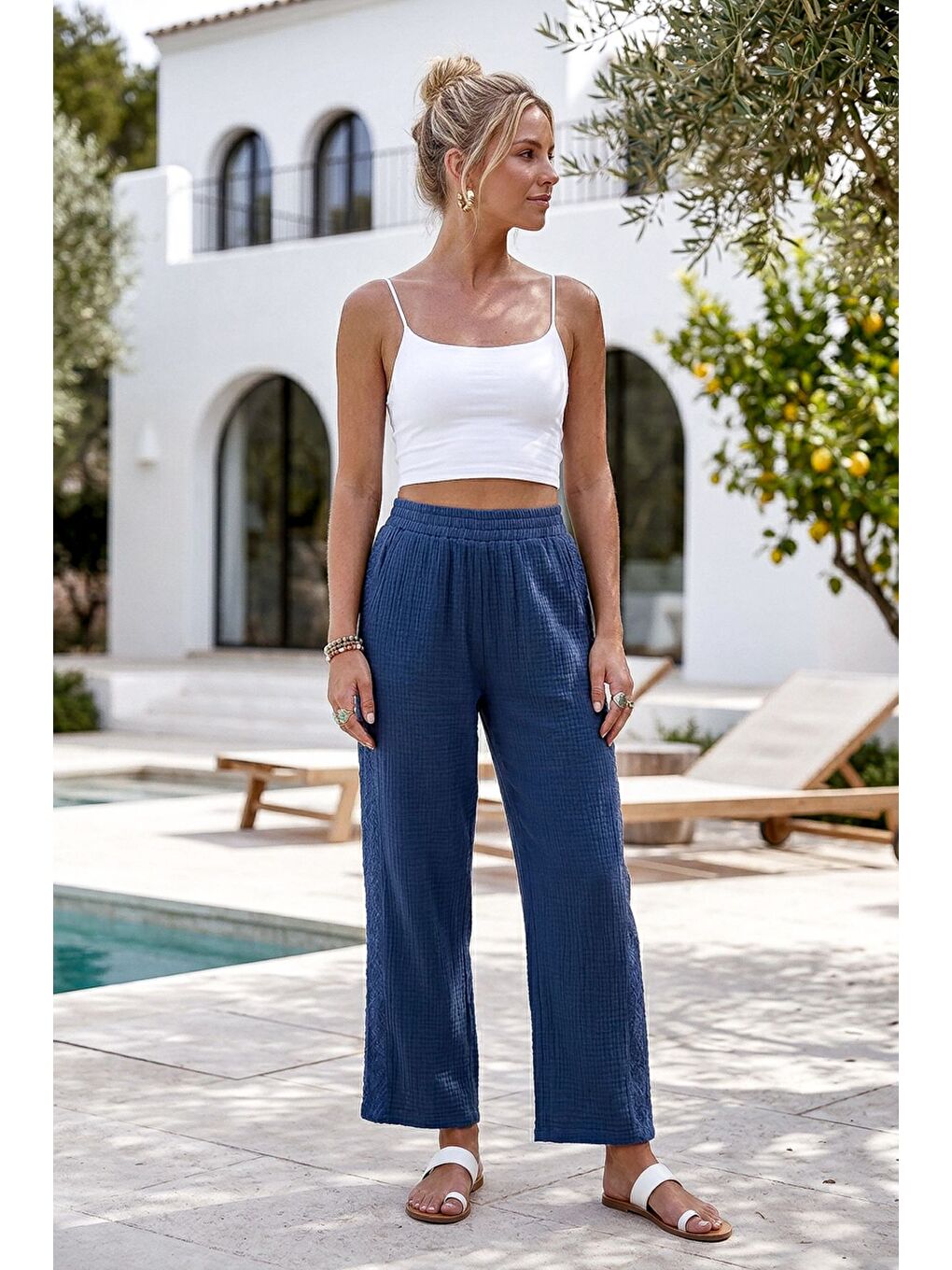 Mavi Cepli Yanları Dantelli Lastikli Bel Casual Müslin Dokuma Pantolon 92 60-2