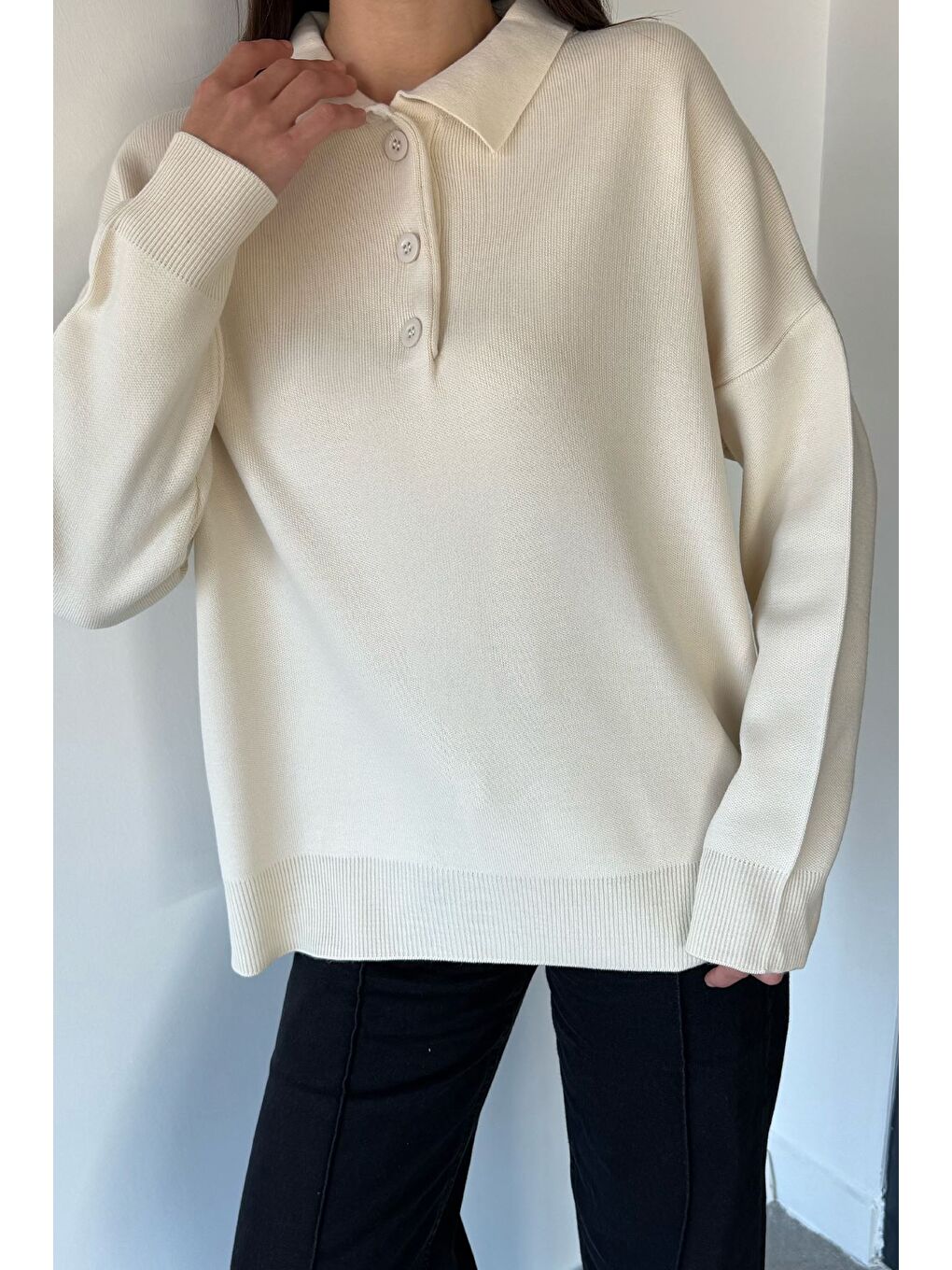 Ekru Kadın Yarım Düğmeli Triko Kazak-4