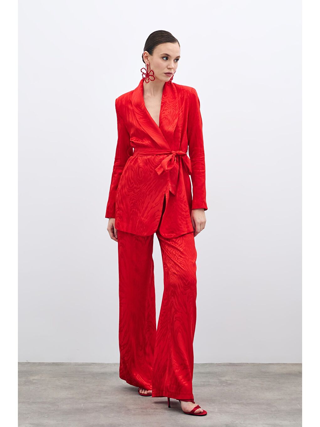 Yüksek Bel Desenli Pantolon - Kırmızı-1