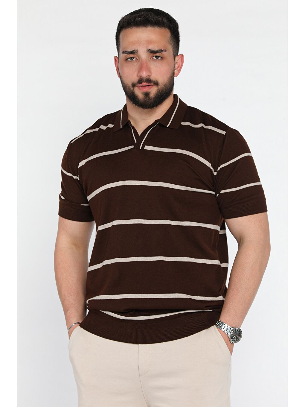 Kahverengi Erkek Polo Yaka Çizgi Desenli Triko Tişört