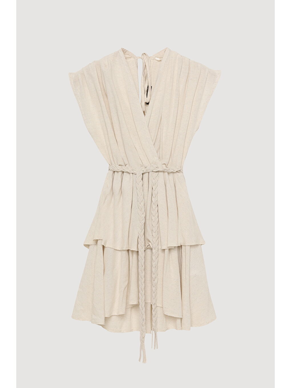 Bej Örgü Kemerli Piliseli Keten Elbise Naturel-1