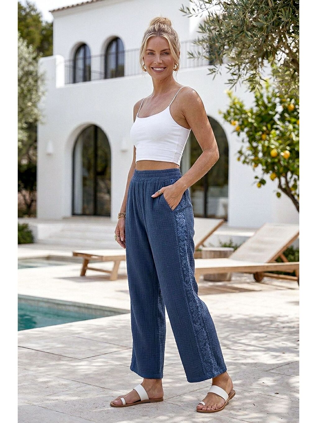 Mavi Cepli Yanları Dantelli Lastikli Bel Casual Müslin Dokuma Pantolon 92 60-3