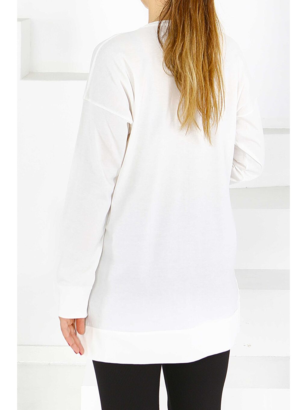 Uzun Kollu Baskılı Süprem Tunik Beyaz - 27586-3