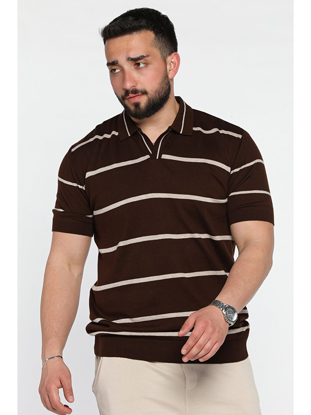 Kahverengi Erkek Polo Yaka Çizgi Desenli Triko Tişört-1