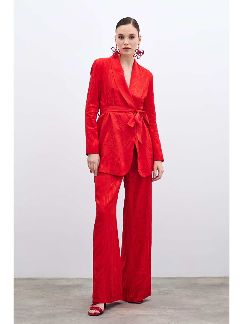 Yüksek Bel Desenli Pantolon - Kırmızı-2