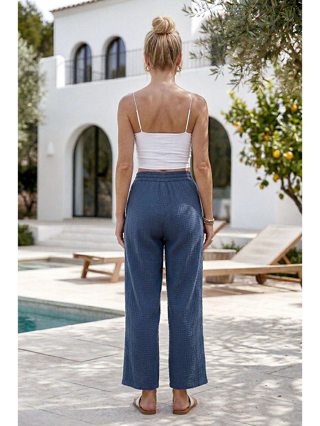 Mavi Cepli Yanları Dantelli Lastikli Bel Casual Müslin Dokuma Pantolon 92 60-4