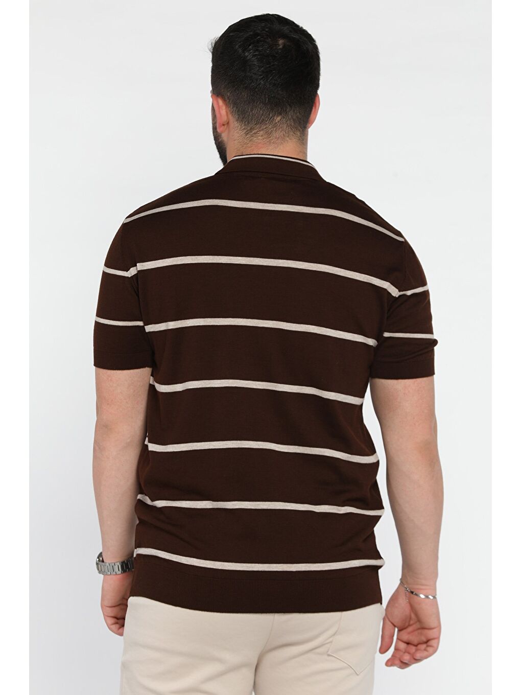 Kahverengi Erkek Polo Yaka Çizgi Desenli Triko Tişört-2