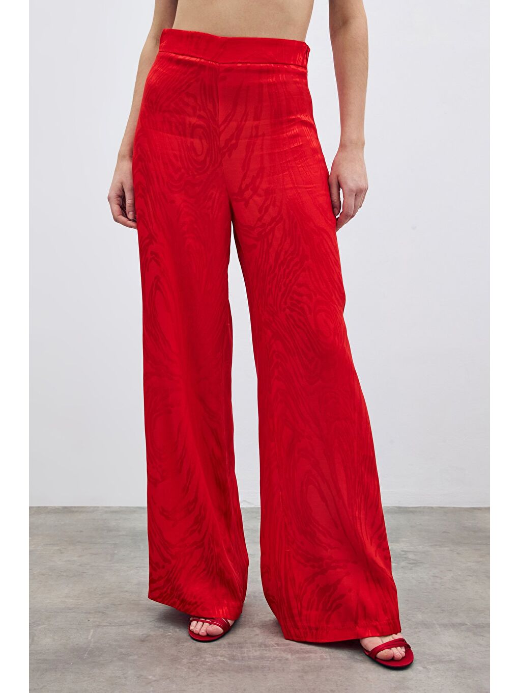 Yüksek Bel Desenli Pantolon - Kırmızı-3